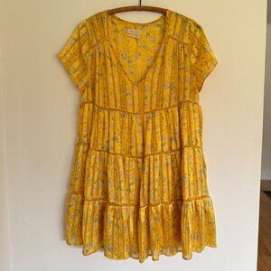 UO Picnic Tiered Frock Yellow Mini Dress - Small petite